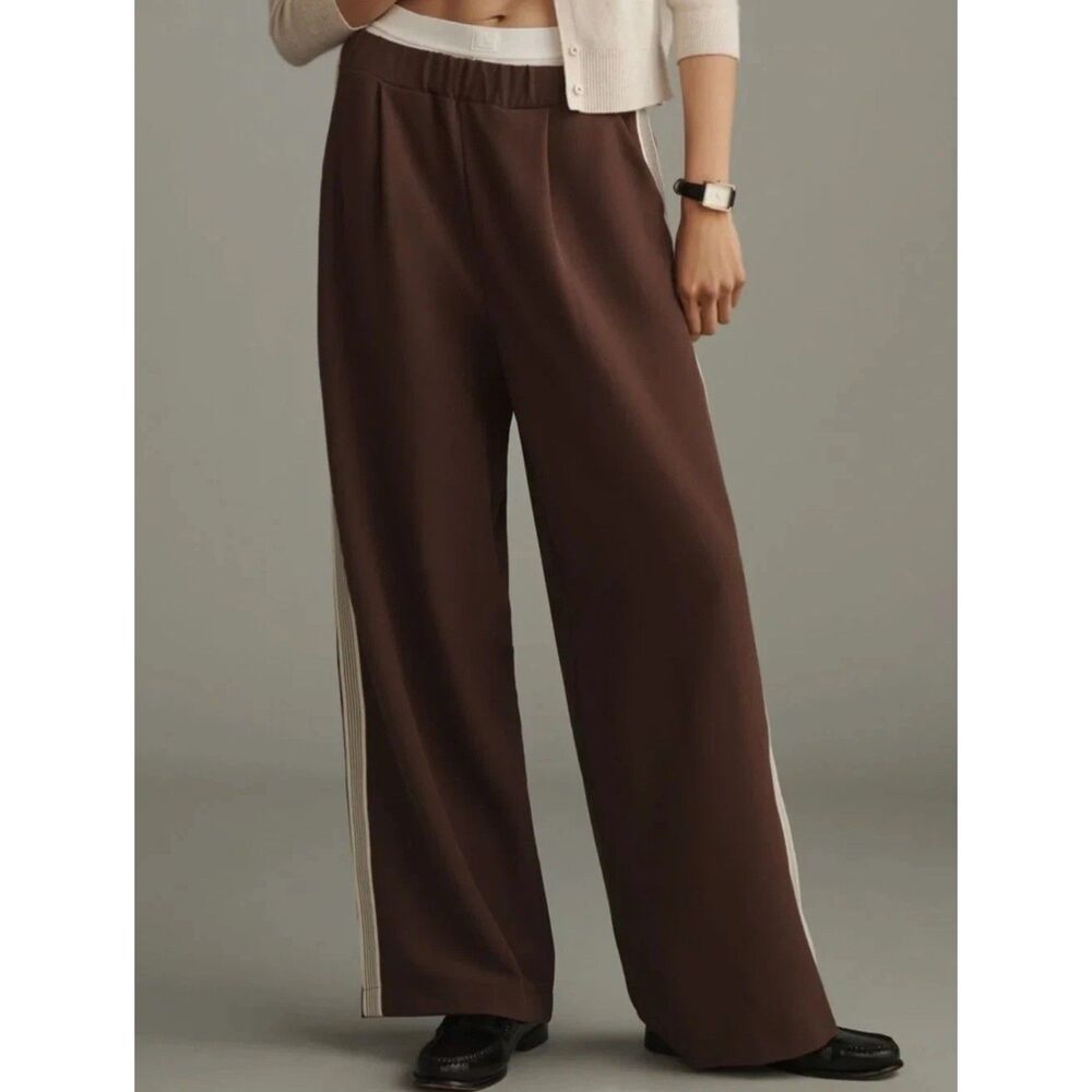 Anthropologie Maeve Wide Leg Brown Lounge Track Pants Side Stripe Women L Petite